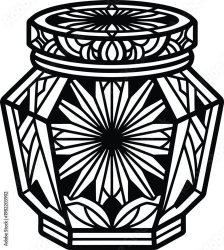 Elaborate embellishing faceted jar sketch with intricate geometric and floral patterns, high-resolution vector illustration.