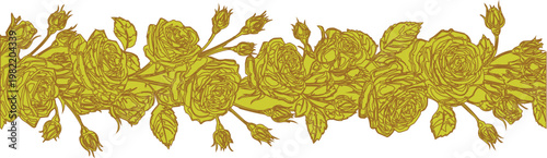 The design described has a decorative border, where a perfect floral pattern is highlighted. The main feature of the design is the use of golden-yellow color on a white background, which creates 