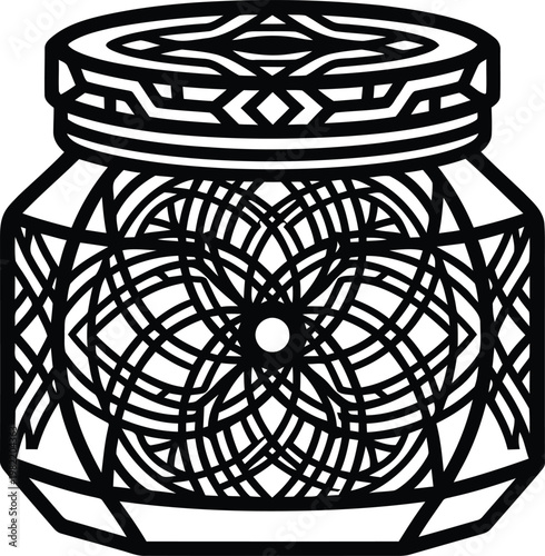 Intricate black and white vector drawing of a adorning jar with a complex geometric mandala layout.