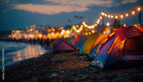 A vibrant row of colorful tents lines a beach at dusk, illuminated by twinkling string lights and reflecting in the calm water.