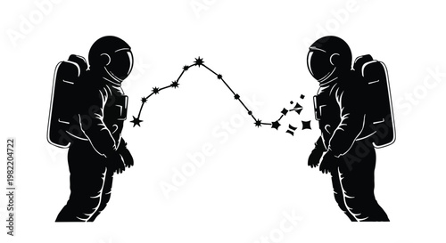 Astronauts facing each other represent human connection while floating in space with a glowing celestial constellation connecting them in a minimalist black and white graphic illustration design.