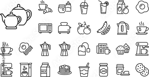 Line drawn breakfast food and drink icons set with kitchen appliances and ingredients on white background