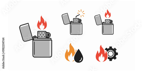 Gasoline lighter icon. Pocket lighter and ignition symbol. Flame, spark and fuel sign. Fire start concept representing gasoline lighter, refillable and flammable ignition tool.