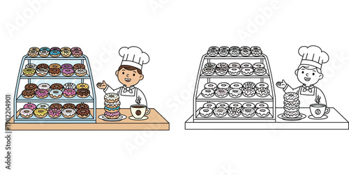 Professional pastry chef presenting assorted donuts in a bakery shop illustration set with black and white line art coloring page