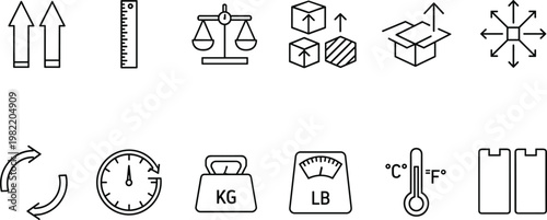 Measurement and Direction Icon Set with Arrows, Scale, Weight, Temperature, Time, and Dimension Symbols in Outline Style for Science, Logistics, and UI Design