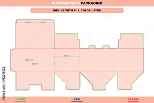 Auto bottom tuck end box dieline template with bleed, trim, and crease lines, technical packaging layout with dimensions in millimeters