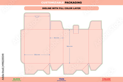 Auto lock bottom box dieline template with dimensions, featuring bleed, trim, and crease lines in a flat layout for product packaging