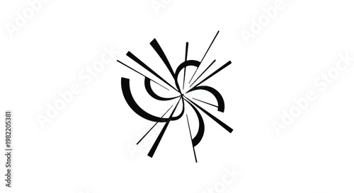 Abstract starburst composed of curved lines and sharp rays creates a dynamic focal point that suggests explosive energy, motion, and technological innovation within a minimalist design framework.