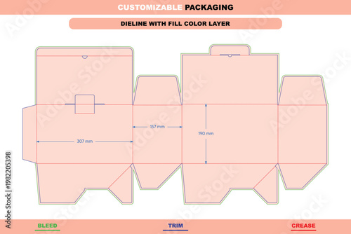 Auto lock bottom box dieline template with fill color, featuring labeled bleed, trim, and crease lines for packaging and manufacturing