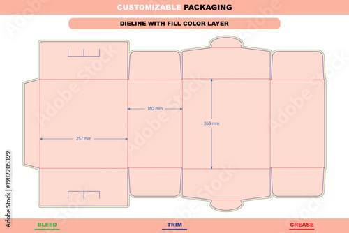Customizable cardboard box dieline template with tuck end flaps, featuring labeled bleed, trim, and crease lines with 257mm, 160mm, and 263mm dimensions