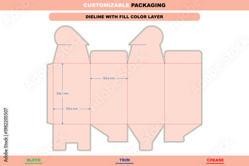 Customizable packaging dieline template with fill color layer, showing bleed, trim, and crease lines for a foldable box structure with dimensions