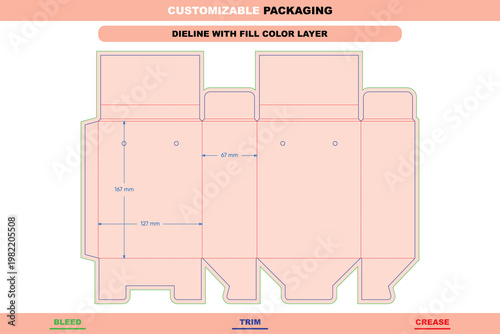 Customizable packaging dieline template with fill color layer, showing bleed, trim, and crease lines for a rectangular tuck end box structure