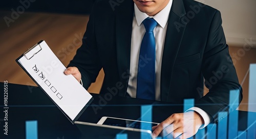 Business professional reviewing documents and data on digital devices