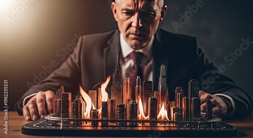 Powerful businessman manipulating a cityscape a symbol of control and influence