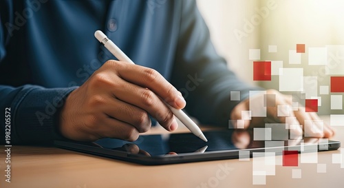 Doctor taking notes on a tablet with blurred hospital background