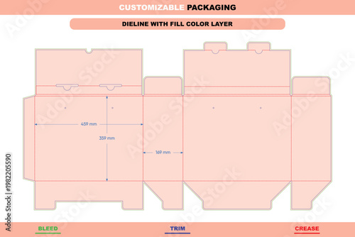 Customizable packaging dieline template with fill color layer, showing bleed, trim, and crease lines with dimension annotations in millimeters