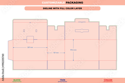 Dieline template for a rectangular box with safety buckle closure, featuring labeled dimensions, bleed, trim, and crease lines in pink