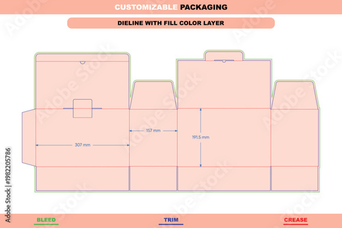 Flat carton dieline template with security buckle, featuring labeled bleed, trim, and crease lines with specific dimensions in millimeters