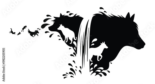 Wolves running through a waterfall cascade symbolize the wild spirit of nature and the untamed power found within the depths of the forest, illustrated in a striking high contrast silhouette.
