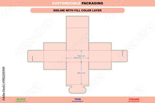 Flat dieline template for a tuck end box with labeled dimensions, bleed, trim, and crease lines in pink, blue, and green colors
