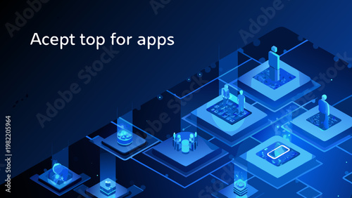 Isometric digital cityscape with glowing blue structures and technology