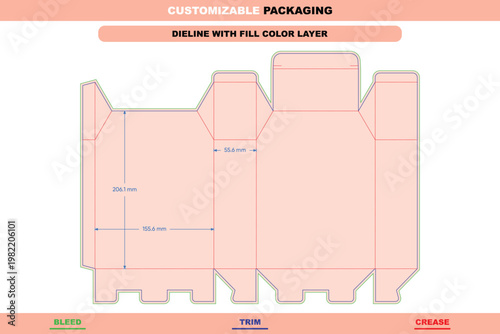 Flat dieline template for a tuck end box with mortise lock, featuring color-coded bleed, trim, and crease lines with dimension annotations