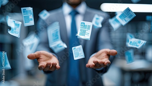 A businessman levitates numerous business cards with an outstretched hand, symbolizing control and success.