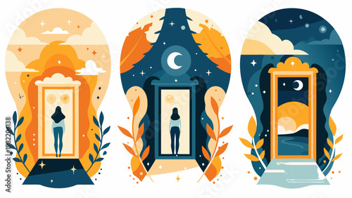 Three illustrated portals featuring a silhouetted figure within each frame