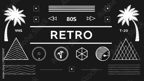 A vibrant retro 80s design featuring palm trees vhs tapes and geometric shapes