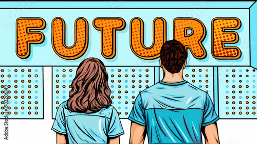 Couple gazing at a large illuminated future sign in a pop art style