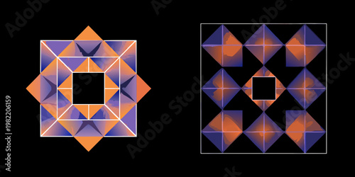Geometric patterns featuring repeating diamond shapes in orange and purple hues