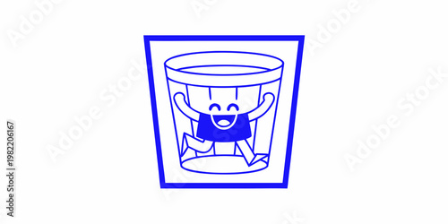 A cheerful cartoon character is trapped inside a tall drinking glass