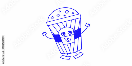 A cute cartoon popcorn bucket with arms and a smiling face