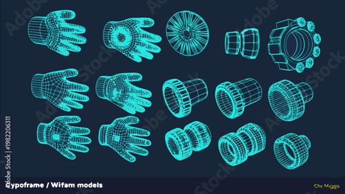 Wireframe robotic components arranged on a dark teal background