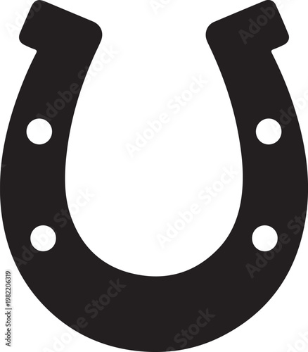 Black horseshoe with four nail holes, flat symbol of luck and equestrian equipment on a white background