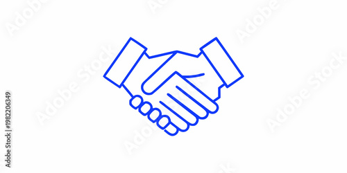 Simple blue line drawing depicts two hands completing a handshake