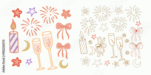 Colorful and line art illustrations of fireworks champagne and celebratory elements