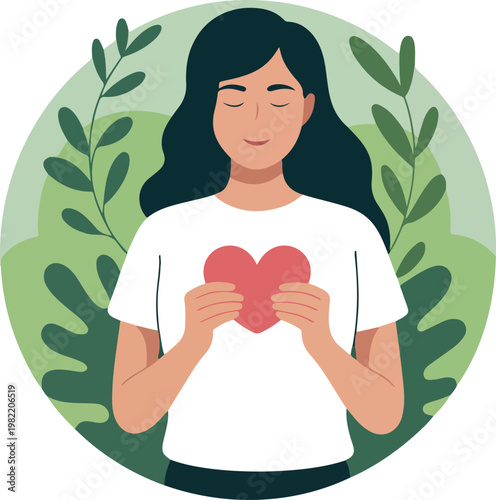 Peaceful girl holding heart symbol in hands expressing self love mental health awareness psychology concept flat vector illustration