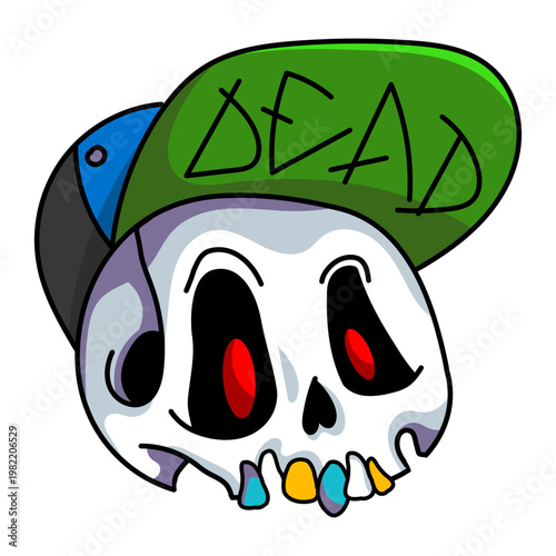 Cartoon graffiti skull wearing a stylish snapback hat, colorful vector illustration