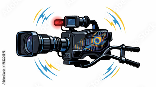 A professional video camera with a peacock feather design and flashing red light, surrounded by stylized energy waves.