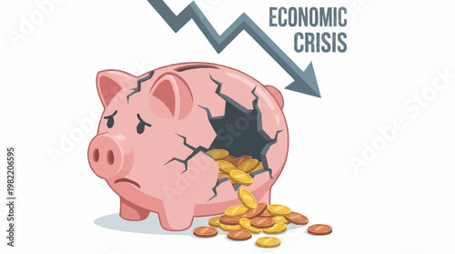 A cracked piggy bank with coins spilling out, symbolizing an economic crisis with a downward arrow.