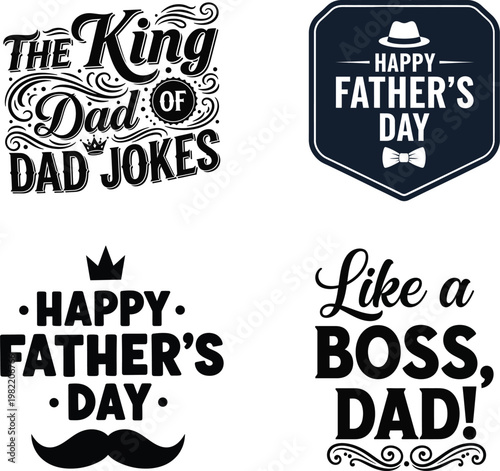Father's day typography collection jokes crowns and boss dad greetings