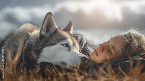 Young girl with curly hair lies in dry grass hugging siberian husky dog under soft sunlight with blurred mountains in background creating calm intimate moment. Concept of trust and harmony with pet