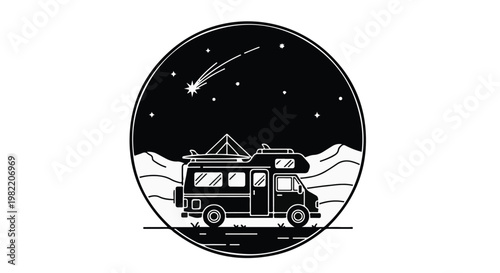 Camper van parked in a desert landscape under a starry night sky features a shooting star above.