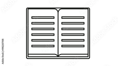 Minimalist black vector icon of an open book with text lines, representing reading, education, knowledge, and literature, isolated on a white background for clean graphic design projects.