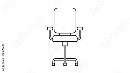 Minimalist black line vector icon of an ergonomic office swivel chair with armrests and wheels, isolated on a white background for business, workplace, and interior design concepts.