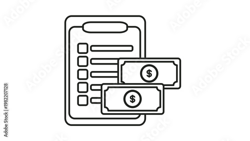 Minimalist black line art vector icon illustration of a clipboard with a checklist and dollar bills, symbolizing financial planning, budgeting, expense tracking, and business accounting tasks.