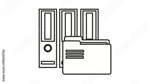 Black line art vector icon illustration of three office ring binders and a file folder, representing document management, archiving, data organization, and administrative storage systems.