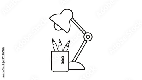 Minimalist black line vector illustration of a desk lamp and a pencil holder with pencils. Clean workspace icon for office, education, study, and creative design projects. Scalable symbol.