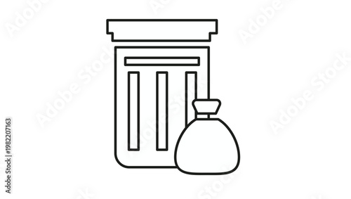 Minimalist black line vector icon illustration of a trash can and garbage bag, representing waste management, disposal, and environmental cleaning services in a clean outline graphic style.